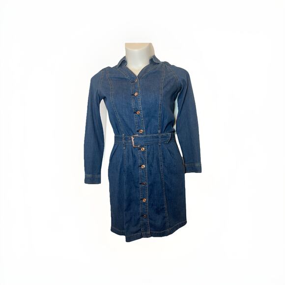 US Polo Assn Long Sleeve Denim Belted Shirt Dress Size M Rose Gold Buttons - Picture 1 of 13